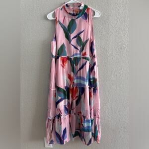 Oliphant Pink Ruffle Tiered Colorful Botanical Print Midi Dress Size Small